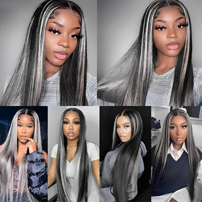 ZSF Hair Black/Platinum Blonde highlight Straight Lace Wig Human Hair Pre-plucked 1Piece