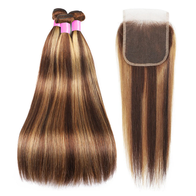 ZSF Brown Blonde P4/27 Highlight Straight Virgin Hair 3Bundles With Lace Closure