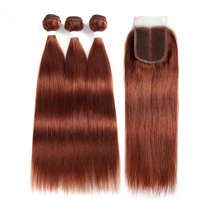 ZSF Auburn Brown #33 Straight Virgin Hair 3Bundles With Lace Closure 100% Human Hair