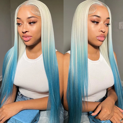 ZSF Blonde Ombre Blue Lace Human Hair Wig Preplucked Middle Part 180% Density With Baby Hair