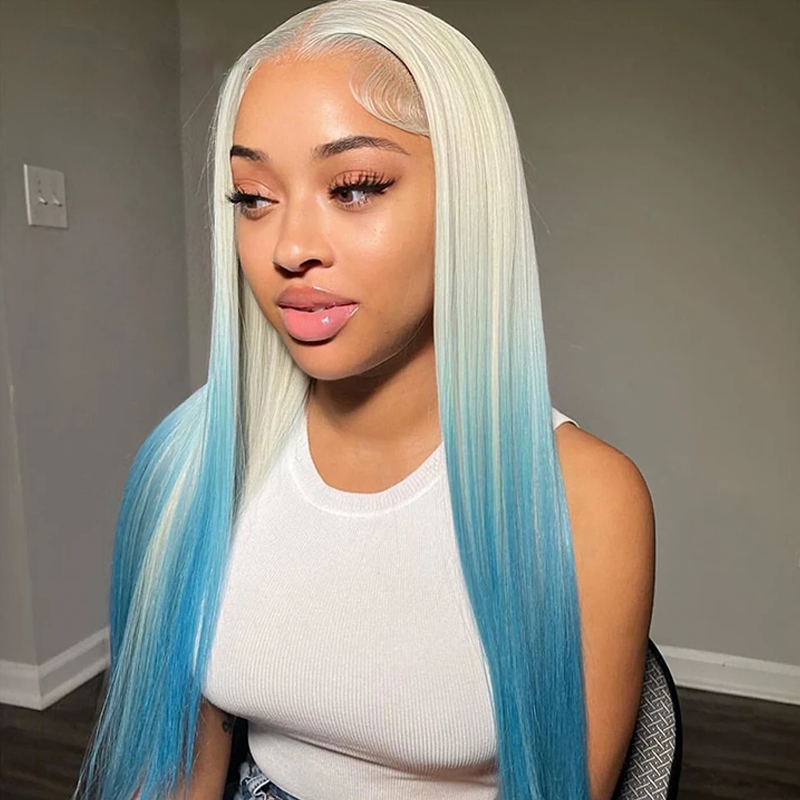 ZSF New Arrival Blonde Ombre Blue Straight Lace Frontal Remy Colored Human Hair Wig