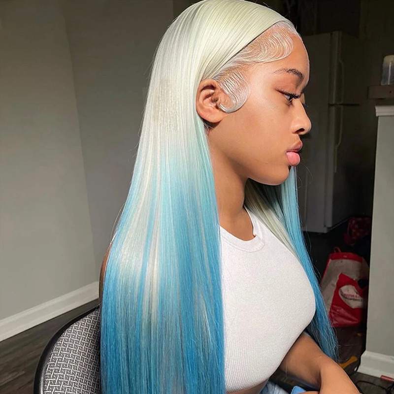 ZSF New Arrival Blonde Ombre Blue Straight Lace Frontal Remy Colored Human Hair Wig