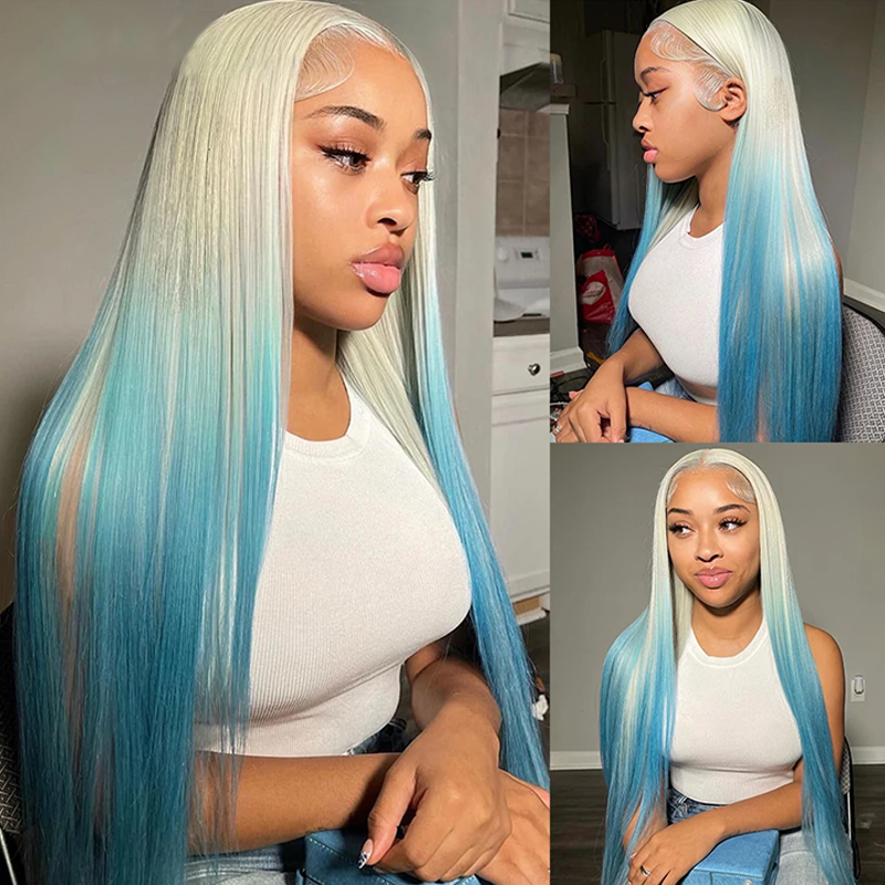 ZSF New Arrival Blonde Ombre Blue Straight Lace Frontal Remy Colored Human Hair Wig