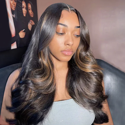 (BUY 1 GET 1 Free) New Arrival Middle Part Highlights Black Mix Blonde Brazilian 1b/S27 Lace Wig Middle Part Pre Plucked Natural Hairline