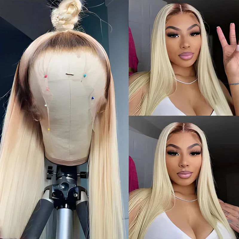 (BUY 1 GET 1 Free) ZSF Hair T12/613 Blonde Virgin Hair Straight Lace Frontal Wig 100% Human Hair 1Piece