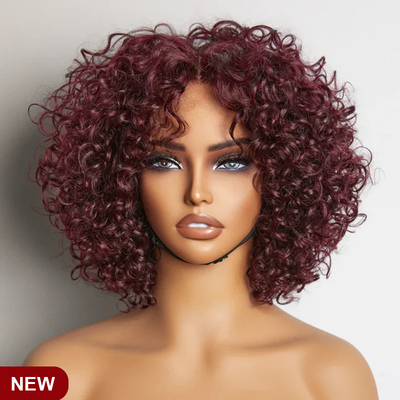 ZSF Burgundy Bob Wave Curly Virgin Hair Unprocessed Human Hair 1Piece Short Curly Wigs