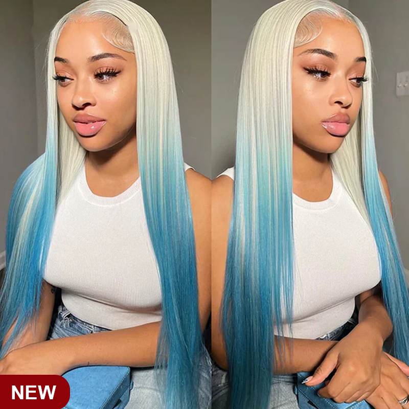 ZSF Blonde Ombre Blue Lace Human Hair Wig Preplucked Middle Part 180% Density With Baby Hair