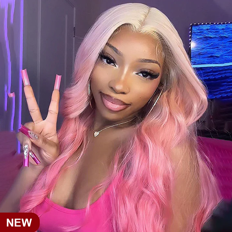 ZSF Blonde Ombre Pink Pre-Plucked Lace Frontal Wig 100% Human Hair 1Piece