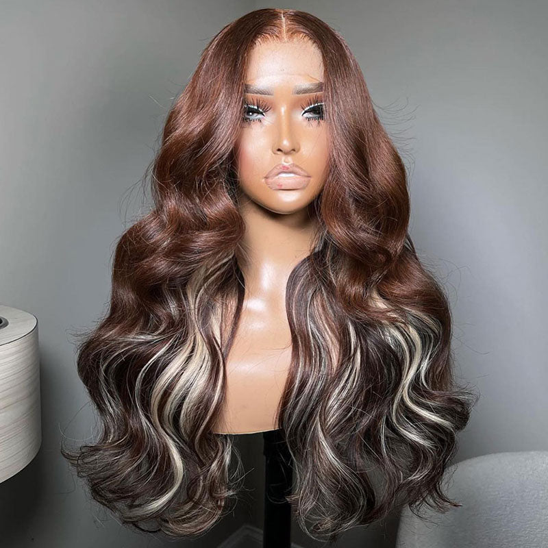 ZSF Glueless Pre Cut HD Lace Wig Light 4/S613 Brown Mixed Blonde Black Body Wave Human Hair Wig