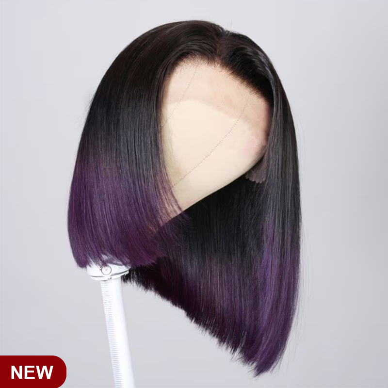 ZSF Purple Highlight Balayage Straight Bob Shadow Dark Root Human Hair Wig 1Piece
