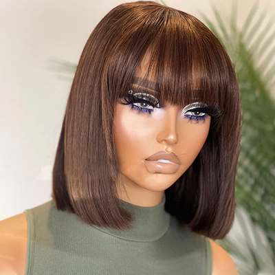 ZSF Hair Short Silky Black Straight Bob Machine Wig With Bang Human Hair Wigs