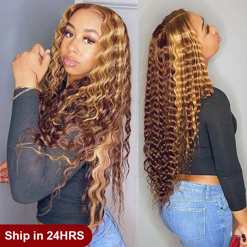 (Ready Ship)ZSF Special Deal Transparent Lace Closure Wig P4/27 Deep Wave Lace Human Hair