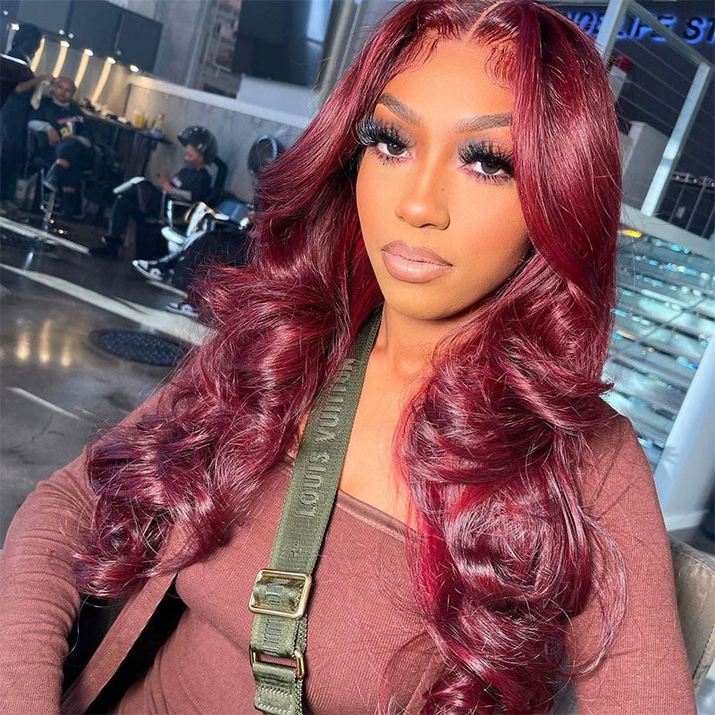 ZSF Burgundy Transparent Lace Wig Body Wave Colored Human Hair Wig