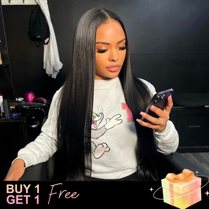 (BUY 1 GET 1 Free)ZSF Hair Straight Invisble Glueless Lace Closure Wig Unprocessed Human Virgin Hair 1Piece Natural Black