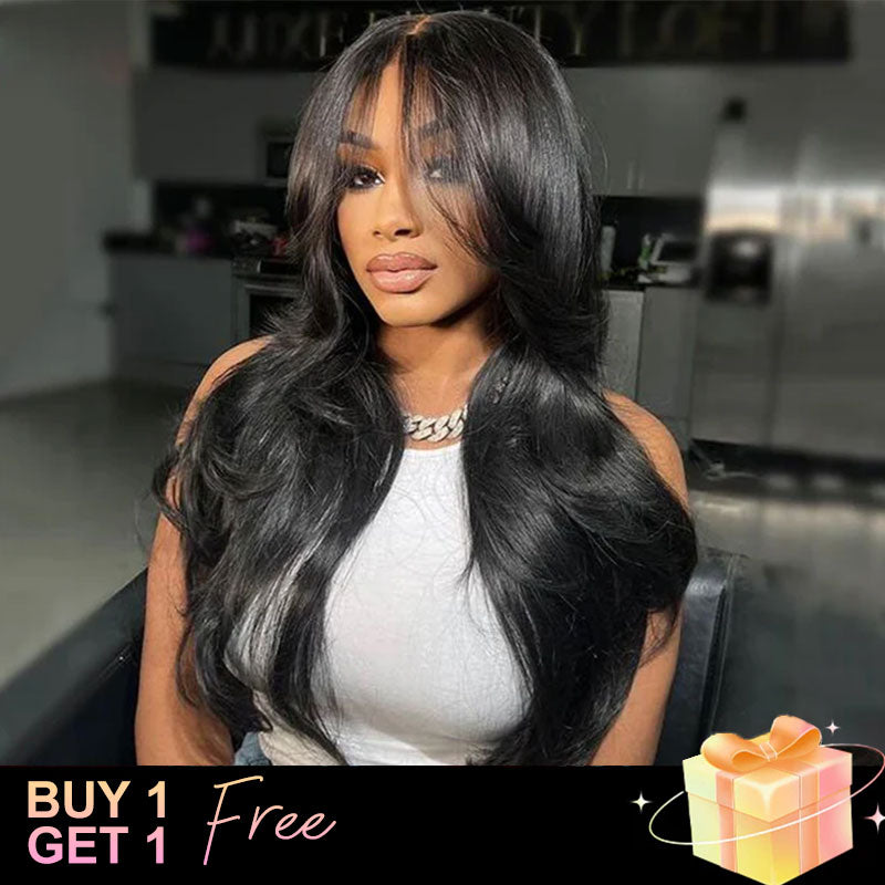 (BUY 1 GET 1 Free)ZSF Body Wave Curtain Bangs Wig Invisble Glueless Pre-cut HD Lace Closure Wig Lace Human Hair Wig