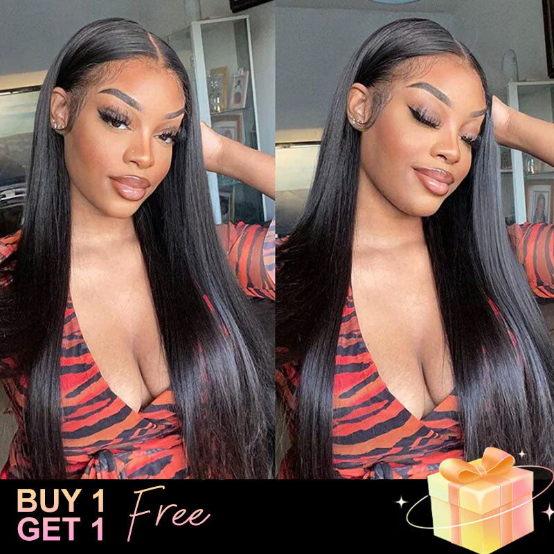 (BUY 1 GET 1 Free)ZSF Hair HD Lace Frontal Wig Straight Virgin Hair Unprocessed Human Hair Natural Black