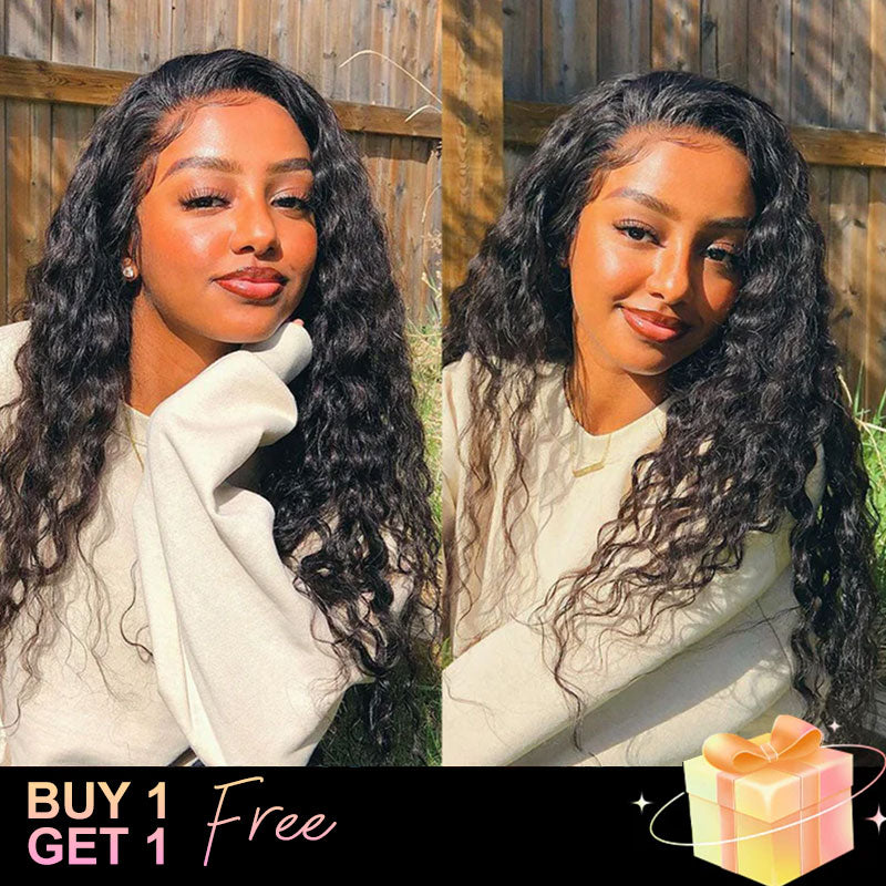 (BUY 1 GET 1 Free)ZSF Deep Wave Crystal HD Lace Frontal Wig Human Vigin Hair Natural Black