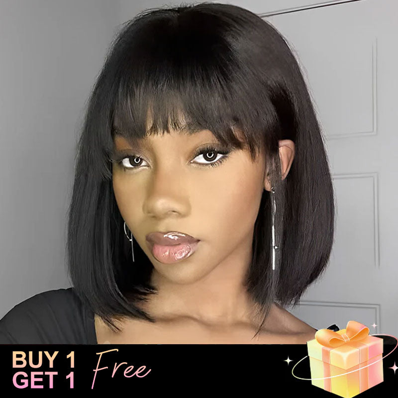 (BUY 1 GET 1 Free)ZSF Hair Short Silky Black Straight Bob Machine Wig With Bang Human Hair Wigs