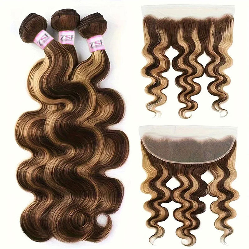 ZSF  P4/27 Brown Blonde Highlight Body Virgin Hair 3Bundles With 13*4 Lace Frontal