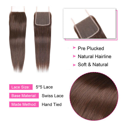 ZSF Chocolate Brown #4 Straight Hair 3 Bundles With Lace Closure 100% Virgin Human Hair