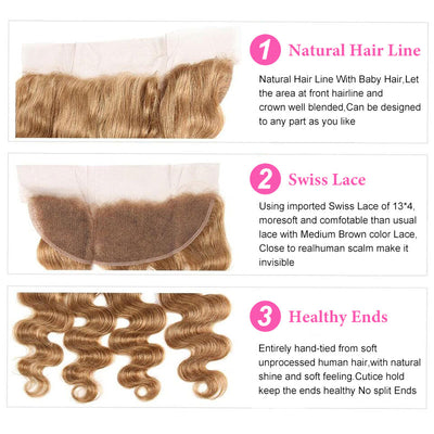 ZSF Honey Blonde #27 Body Wave Human Hair 4 Bundles With Lace Frontal Vigin Hair