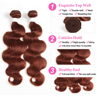 ZSF Auburn Brown #33 Body Wave Virgin Hair 3 Bundles With Lace Frontal 100% Human Hair