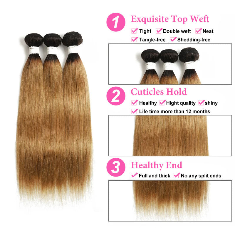 ZSF  T1B/27 Ombre Blonde Straight Virgin Hair 4Bundles With Lace Closure 100% Human Hair