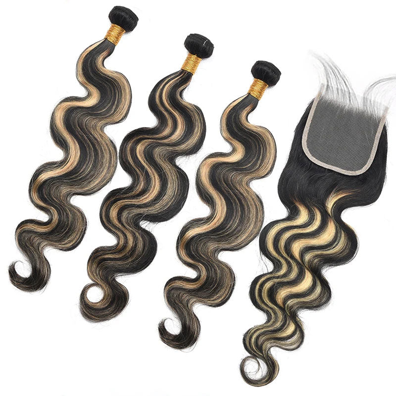 ZSF P1B/27 Ombre Blonde Body Wave Human Hair 3Bundles With Lace Closure Brazilian Remy Hair