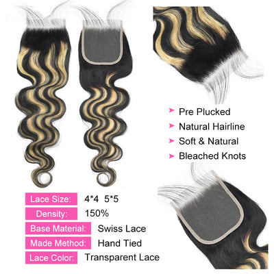 ZSF P1B/27 Ombre Blonde Body Wave Human Hair 3Bundles With Lace Closure Brazilian Remy Hair