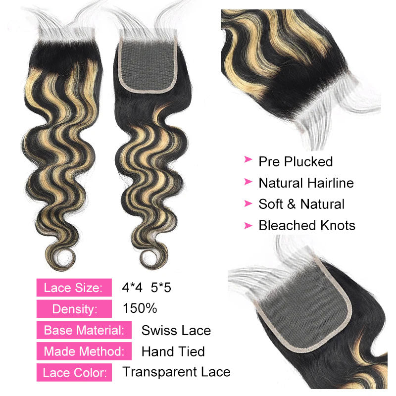 ZSF  P1B/27 Ombre Blonde Body Wave Virgin Hair 4Bundles With Lace Closure 100% Human Hair