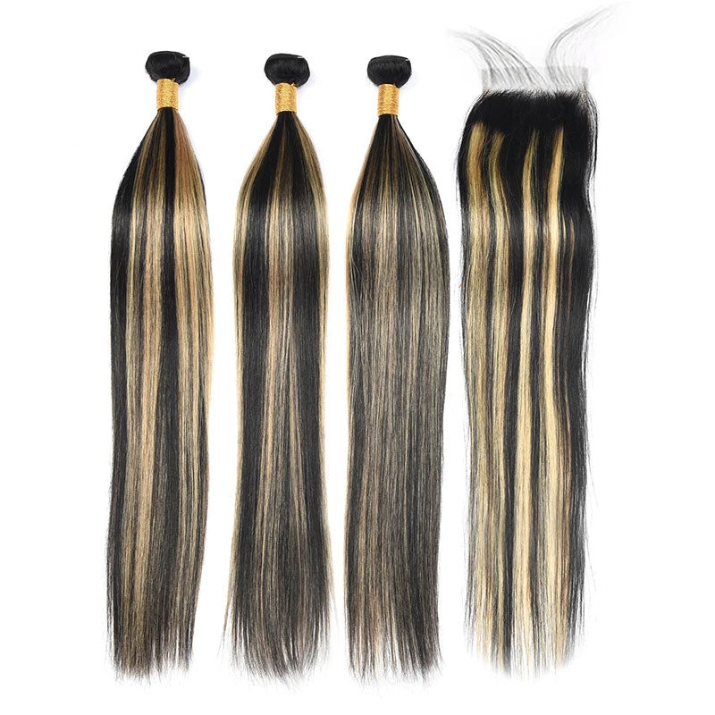 ZSF P1B/27 Ombre Blonde Straight Human Hair 3Bundles With Lace Closure Brazilian Remy Hair