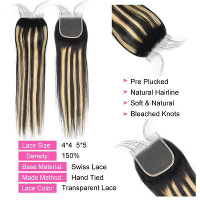 ZSF P1B/27 Ombre Blonde Straight Human Hair 3Bundles With Lace Closure Brazilian Remy Hair