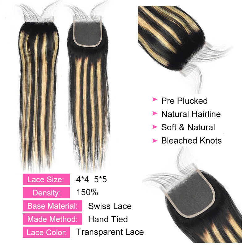 ZSF  P1B/27 Ombre Blonde Straight Virgin Hair 4Bundles With Lace Closure 100% Human Hair