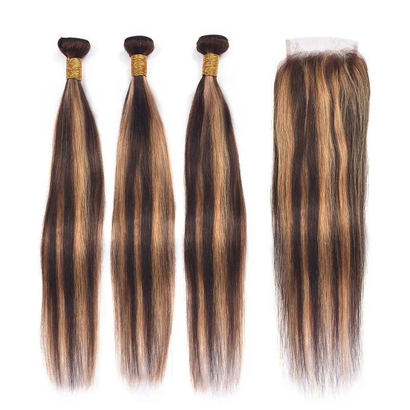 ZSF P4/30 Ombre Straight Human Hair 3Bundles With Lace Closure Brazilian Remy Hair