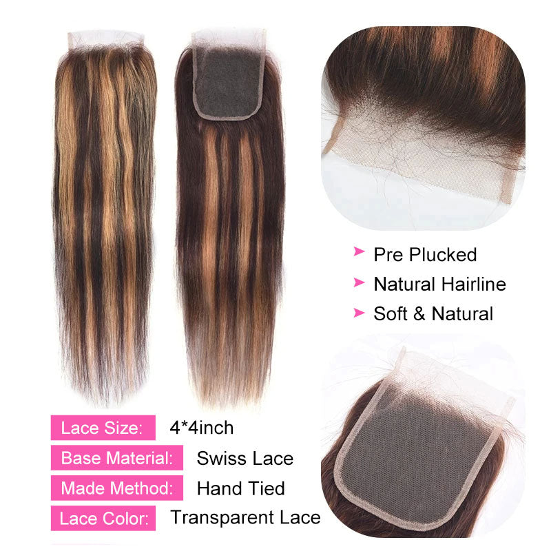 ZSF Ombre P4/30 Straight Virgin Hair 3Bundles With Lace Closure 100% Human Hair