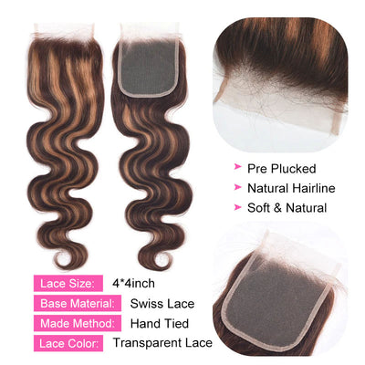 ZSF P4/30 Ombre Body Wave Human Hair 3Bundles With Lace Closure Brazilian Remy Hair