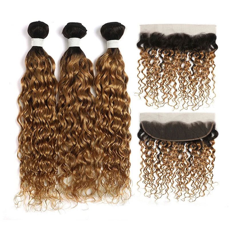 ZSF T1B/27 Ombre Blonde Water Wave Human Hair 3Bundles With Lace Frontal Brazilian Remy Hair