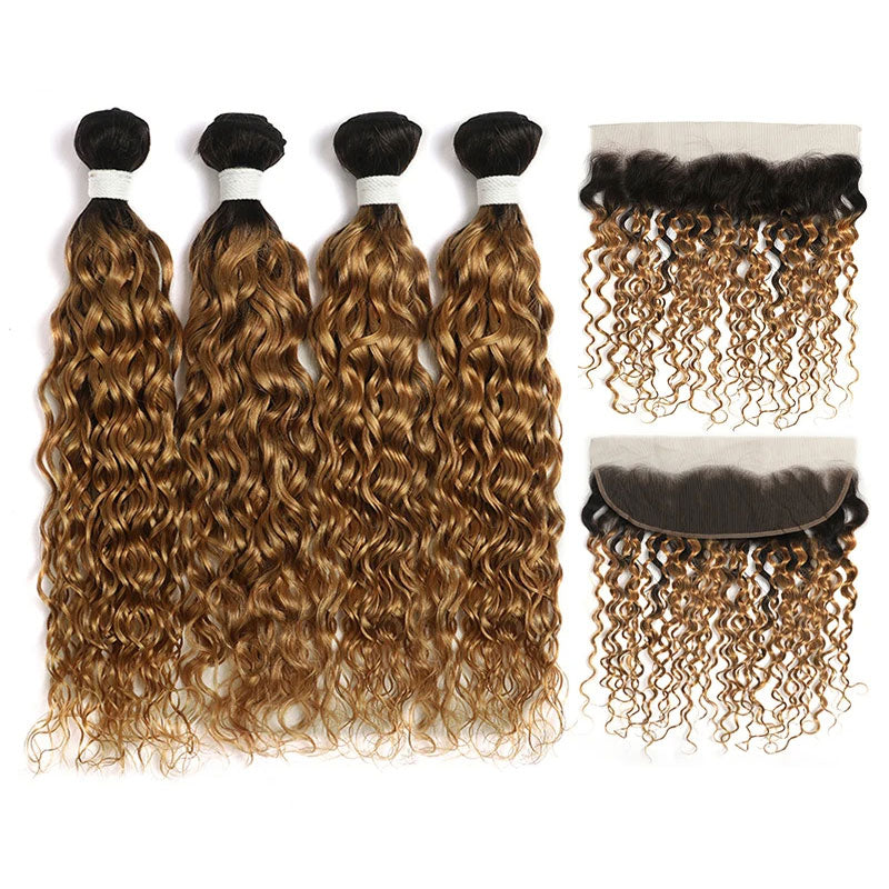 ZSF T1B/27 Ombre Blonde Water Wave Human Hair 4Bundles With Lace Frontal Brazilian Remy Hair