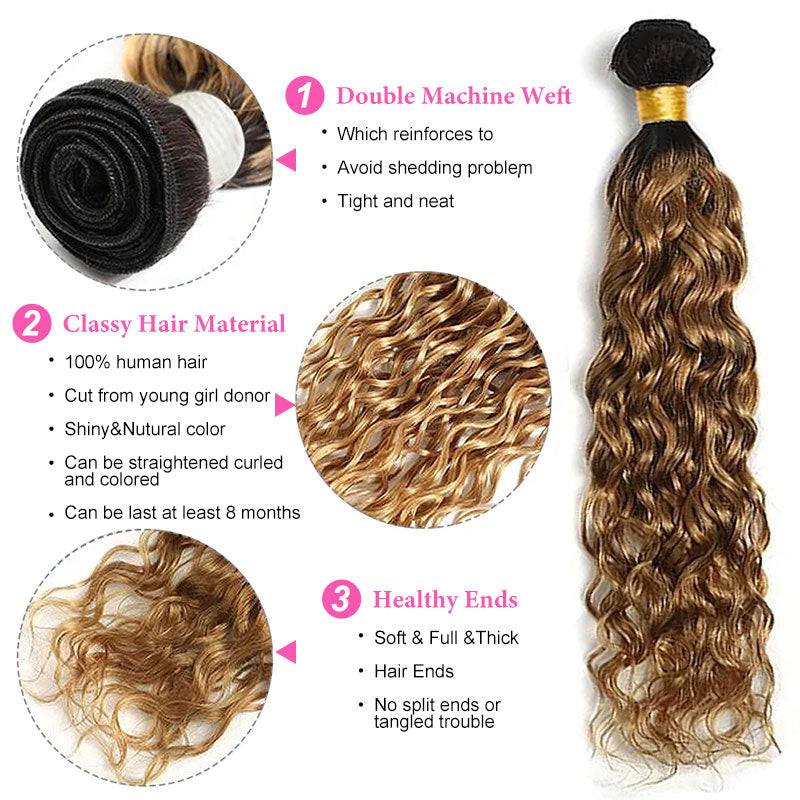 ZSF T1B/27 Ombre Blonde Water Wave Human Hair 3Bundles With Lace Frontal Brazilian Remy Hair