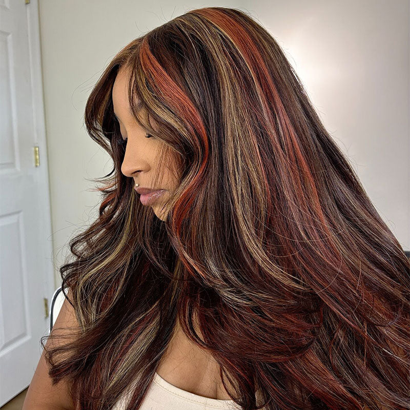 ZSF Multi Color Highlights 4/27/Ginger Orange Brazilian Body Wave Lace Wig Pre Plucked 1PC