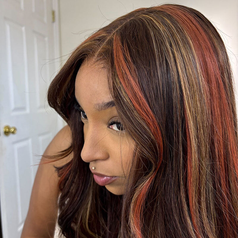 ZSF Multi Color Highlights 4/27/Ginger Orange Brazilian Body Wave Lace Wig Pre Plucked 1PC