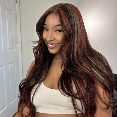 ZSF Multi Color Highlights 4/27/Ginger Orange Brazilian Body Wave Lace Wig Pre Plucked 1PC