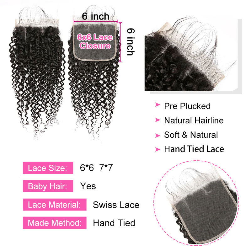 ZSF 6×6/7×7 Lace Closure With Kinky Curly Bundles Grade 8A Virgin Hair Unprocessed Natural Black Hair Weaving