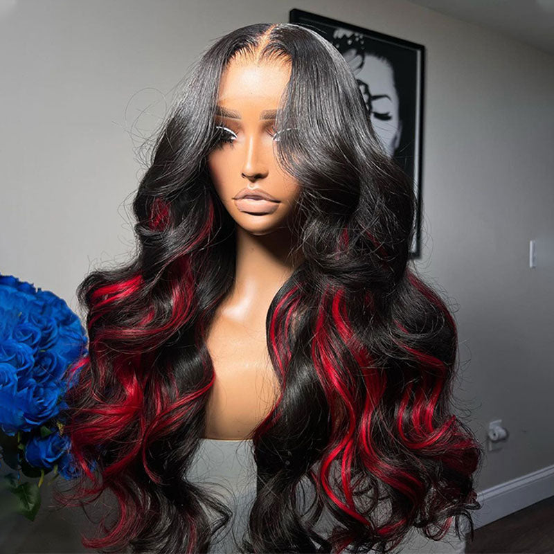 (BUY 1 GET 1 Free)ZSF Burgundy Black Highlights Mix Color Transparent Lace Wig Body Wave Middle Part Colored Human Hair Wig