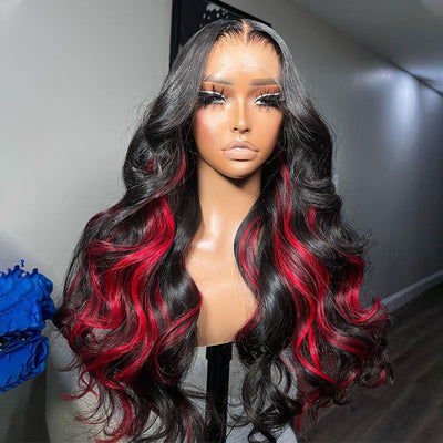 (BUY 1 GET 1 Free)ZSF Burgundy Black Highlights Mix Color Transparent Lace Wig Body Wave Middle Part Colored Human Hair Wig