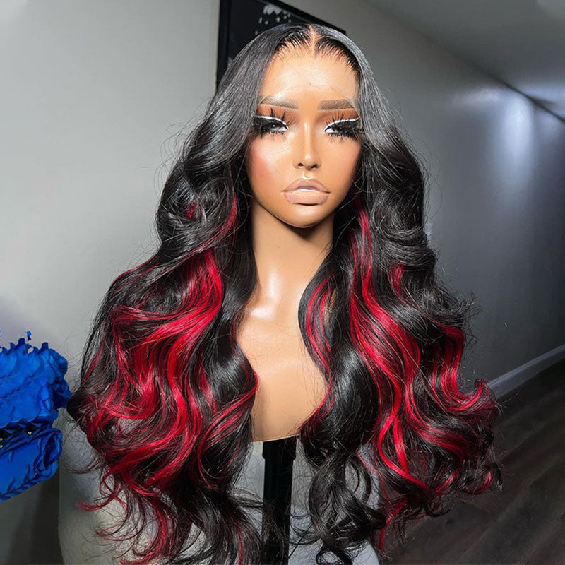 (BUY 1 GET 1 Free)ZSF Burgundy Black Highlights Mix Color Transparent Lace Wig Body Wave Middle Part Colored Human Hair Wig