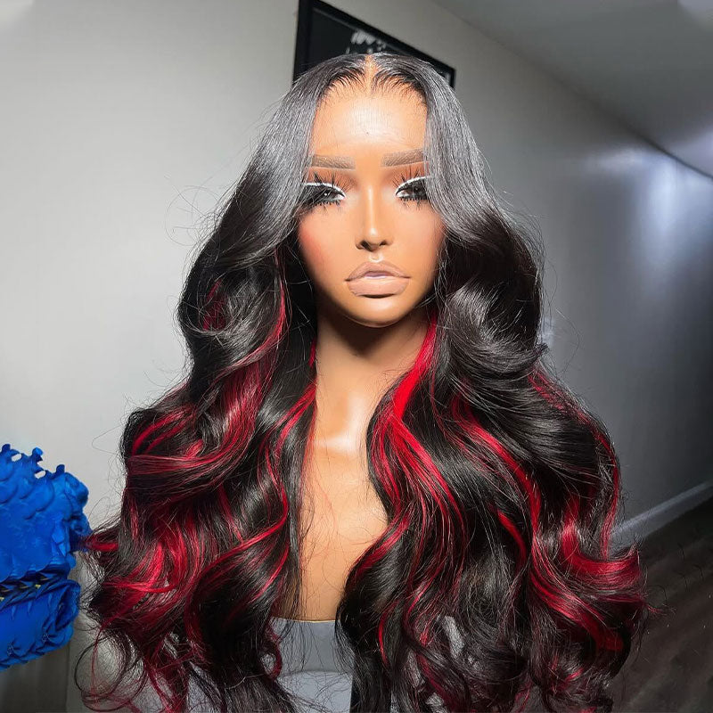(BUY 1 GET 1 Free)ZSF Burgundy Black Highlights Mix Color Transparent Lace Wig Body Wave Middle Part Colored Human Hair Wig