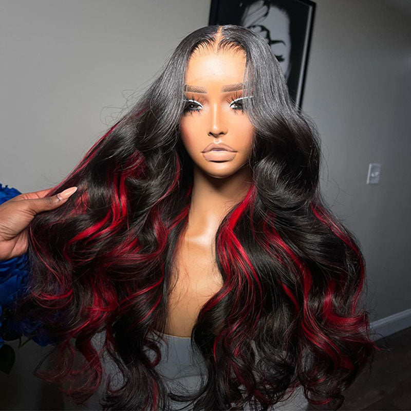 ZSF Burgundy Black Highlights Mix Color Transparent Lace Wig Body Wave Colored Human Hair Wig