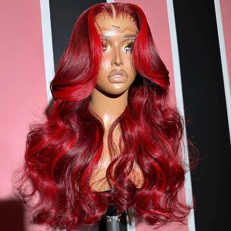 ZSF New Highlight Rose Red With Burgundy Body Wave Colored Hair Transparent Lace Human Hair Wig