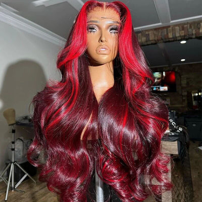 (BUY 1 GET 1 Free) ZSF New Highlight Rose Red With Burgundy Body Wave Colored Hair Transparent Lace Human Hair Wig